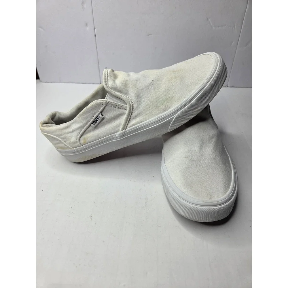 Vans Classic‎ Slip-On White Canvas Low Top Skate Shoes Mens 7.5 Womens 9